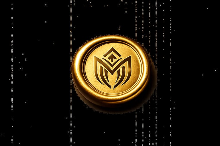 Golden glowing coin with geometric leaf and diamond symbol on black digital background