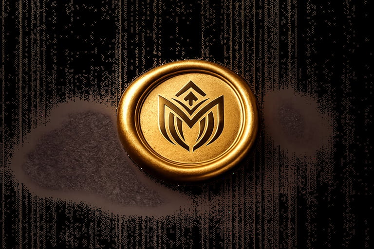 Golden circular seal or coin with geometric diamond and leaf symbol on dark textured background