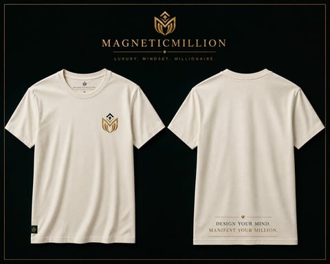 Cream-colored MAGNETICMILLION luxury t-shirt shown front and back with geometric logo on chest and tagline text on rear
