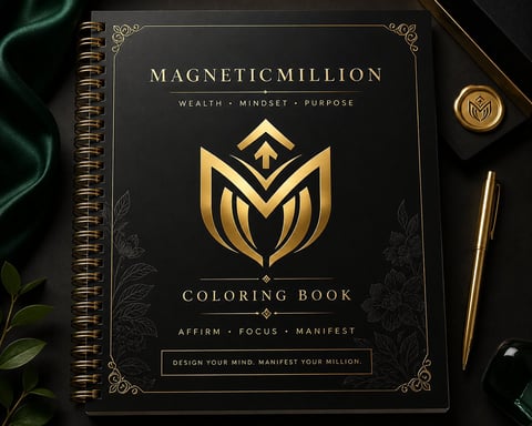 MagnetMillion coloring book with gold logo on black cover, surrounded by green fabric, gold pen, and decorative elements